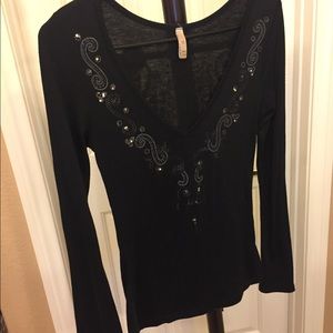 Black Sequined Long Sleeve V Neck Small